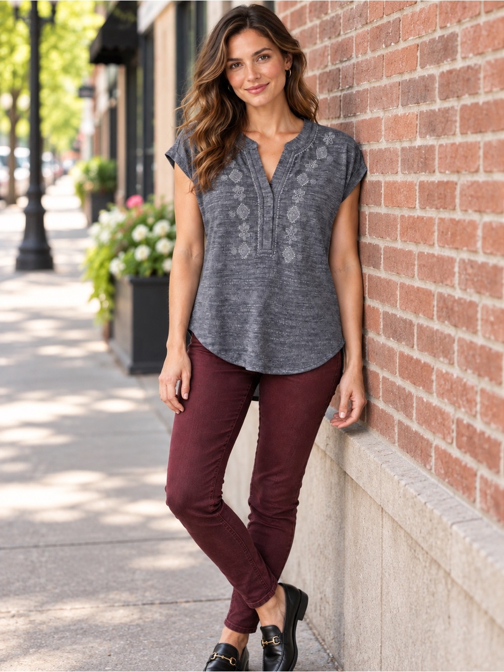 Cable & Gauge Tribal Print V-Neck Cap Sleeve Top Gray S Boho Southwestern